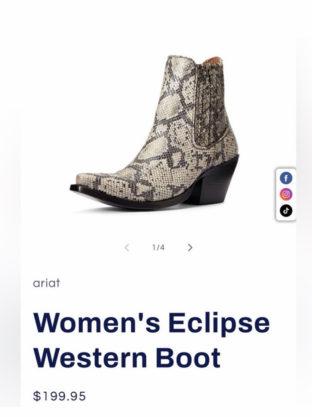 Ariat Women's Eclipse Ankle Boot in Snake Print Black and White